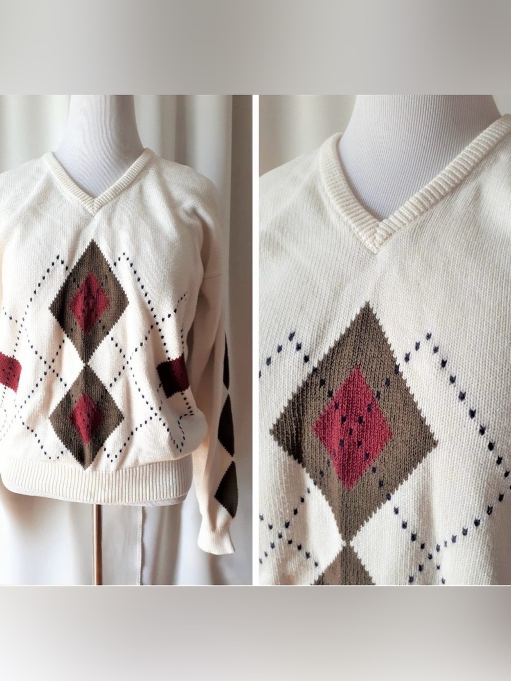 Cream Argyle V-Neck Sweater with Pink & Brown Diamond Pattern